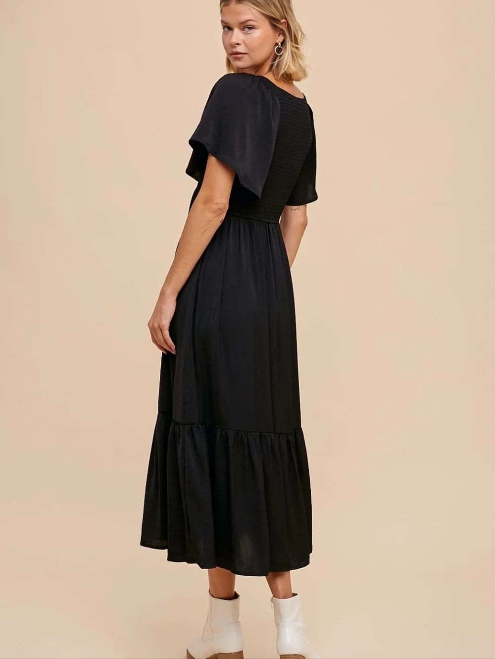 Black Smocked Midi Dress Women's Large Sleeveless Stretch Casual Summer Dress - Picture 5 of 11